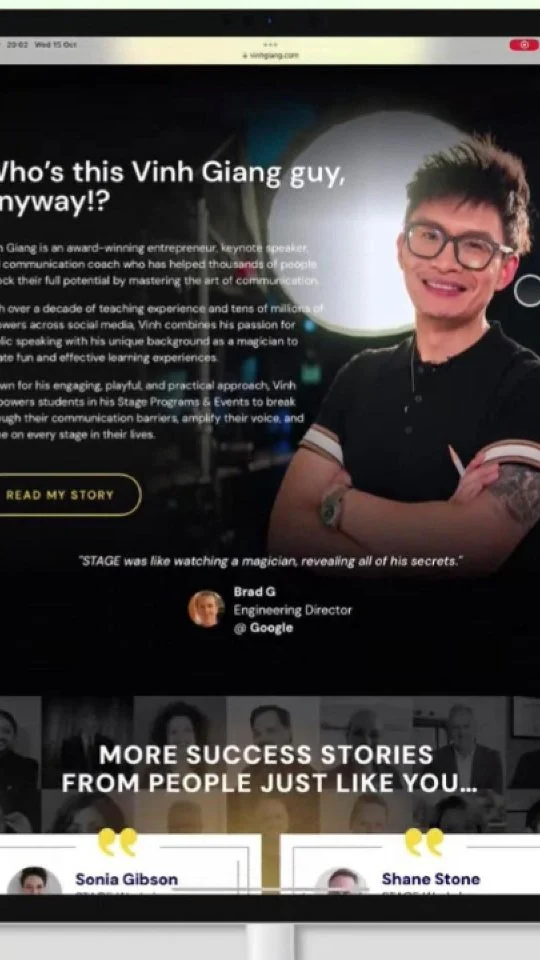 @askvinh is an award-winning entrepreneur, keynote speaker, and communication coach who has helped thousands of people unlock their full potential by mastering the art of communication.

With over a decade of teaching experience and tens of millions of followers across social media, Vinh combines his passion for public speaking with his unique background as a magician to create fun and effective learning experiences.

Known for his engaging, playful, and practical approach, Vinh empowers students in his Stage Programs & Events to break through their communication barriers, amplify their voice, and shine on every stage in their lives.

𝗖𝗵𝗲𝗰𝗸 𝗼𝘂𝘁 𝗩𝗶𝗻𝗵’𝘀 𝗽𝗿𝗼𝗴𝗿𝗮𝗺𝘀 — whether you’re looking to elevate your communication 𝘪𝘯𝘥𝘪𝘷𝘪𝘥𝘶𝘢𝘭𝘭𝘺 𝘰𝘳 𝘦𝘮𝘱𝘰𝘸𝘦𝘳 𝘺𝘰𝘶𝘳 𝘦𝘯𝘵𝘪𝘳𝘦 𝘰𝘳𝘨𝘢𝘯𝘪𝘻𝘢𝘵𝘪𝘰𝘯, his teachings are designed to unlock your potential.

We translate your mission into design so every click, word, and visual amplifies your message and moves people to act.

And if your brand is ready to inspire trust and action, we’d love to create it with you.

#Influex #VinhGiang #Corporate training #Masterclass #Leadership #BrandVoice #WebDesign #LandingPageDesign #InfluexDesign